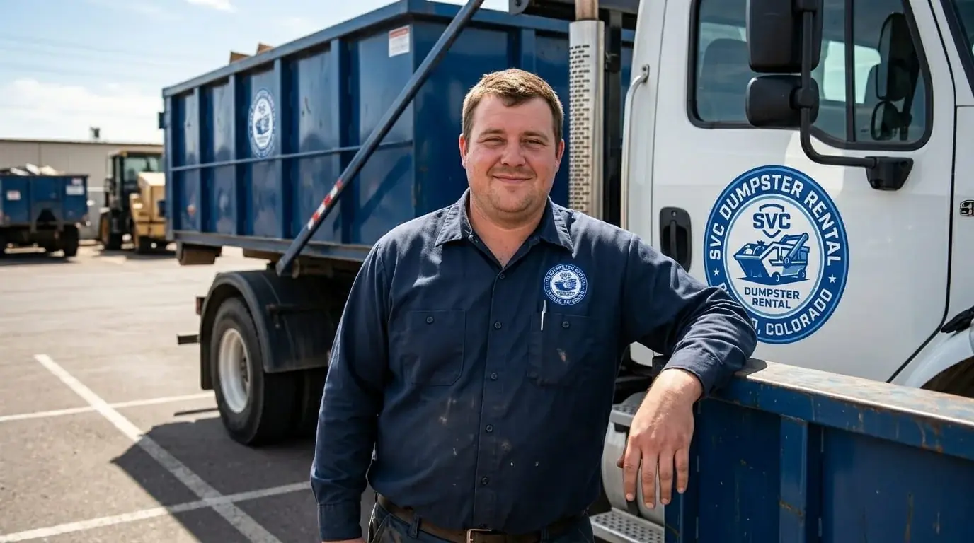 Speaking with a SVC Dumpster Rental Pueblo driver beside a roll-off container